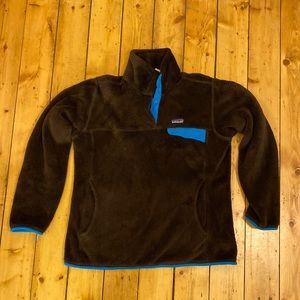 Patagonia Women’s Re-Tool Snap-T Fleece Pullover, Large, Brown with blue trim